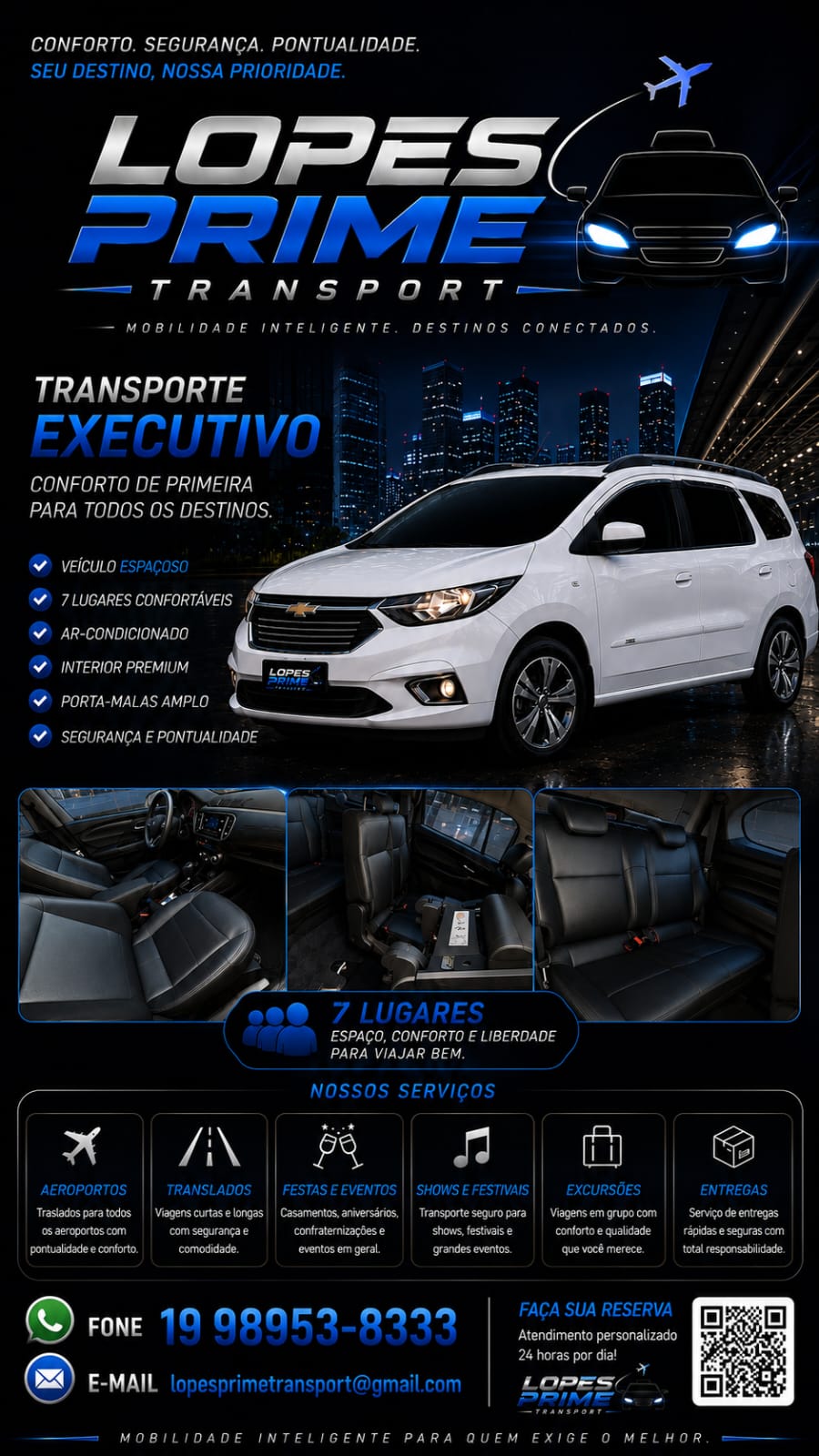 flyer azul e preto da Lopes Prime Transport: conforto, segurança, pontualidade, seu destino, nossa prioridade