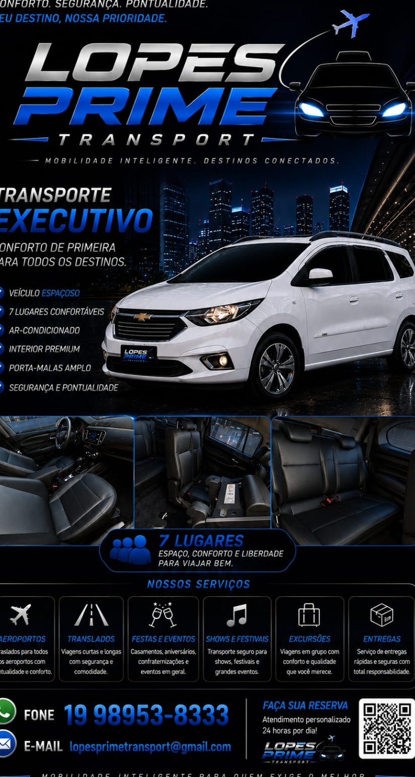 flyer azul e preto da Lopes Prime Transport com foto de Spin branca, interiores do carro, ícones de serviços, 